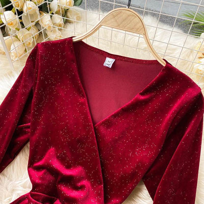 Buycenter V-Neck Velvet Evening Dress - Gold Long Sleeve & Waist Pack - Buy Center