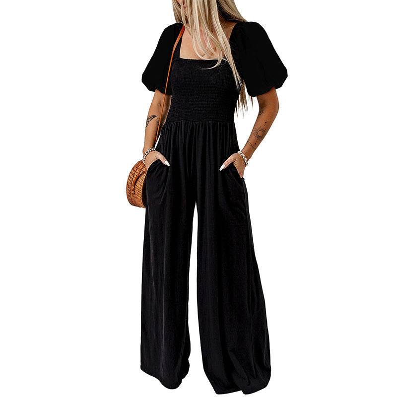 Women's Square Collar Black Jumpsuit - Chic Short Sleeve Design 2025 - Buy Center