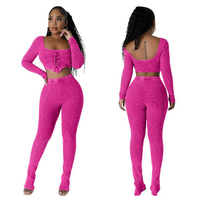 Buycenter Square Collar Skinny Pencil Pants - Stylish Two-Piece Suit - Buy Center