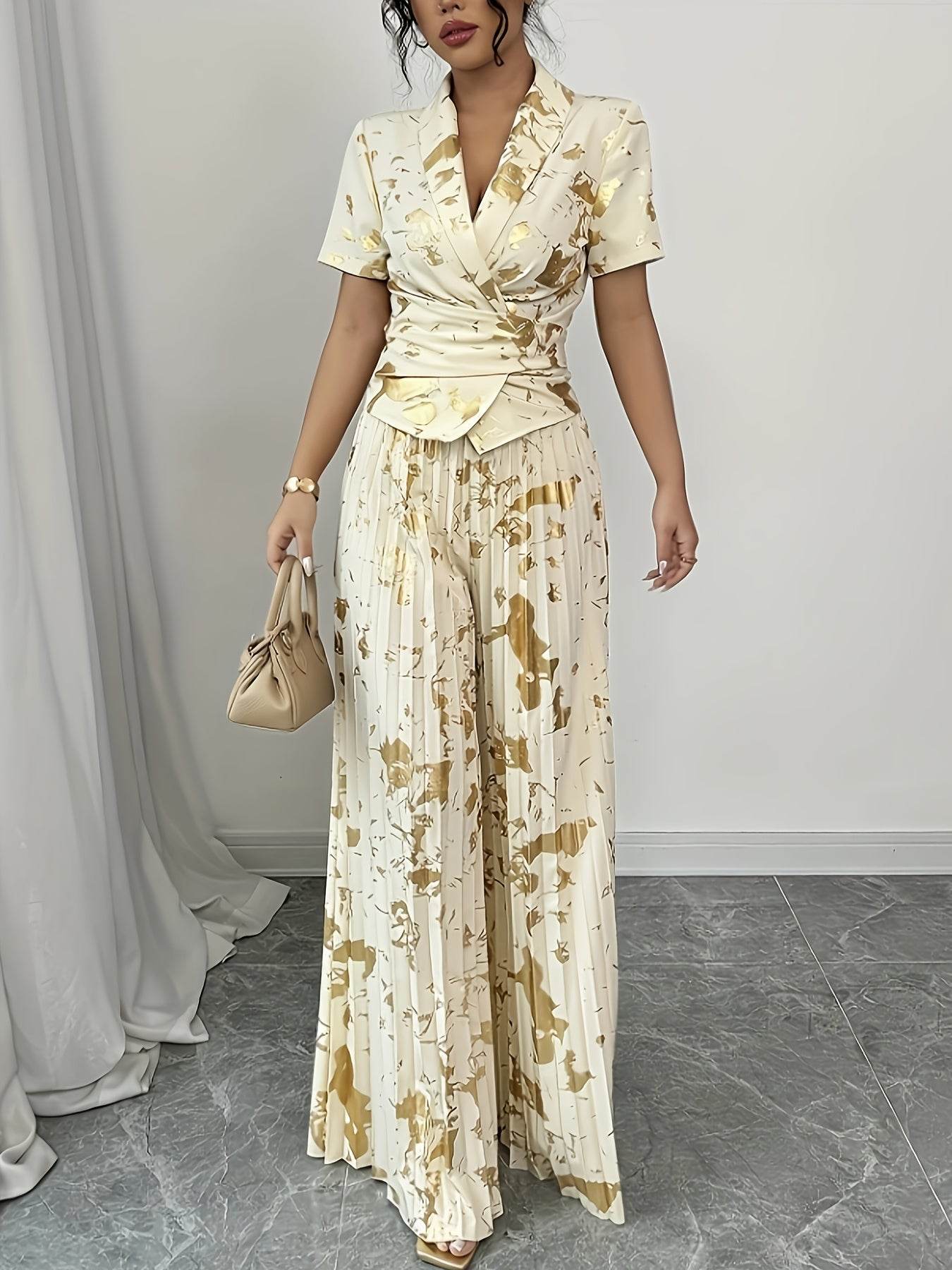 Elegant Golden-Print Two-Piece Set - Chic V-Neck Ruffle Blouse - Buy Center