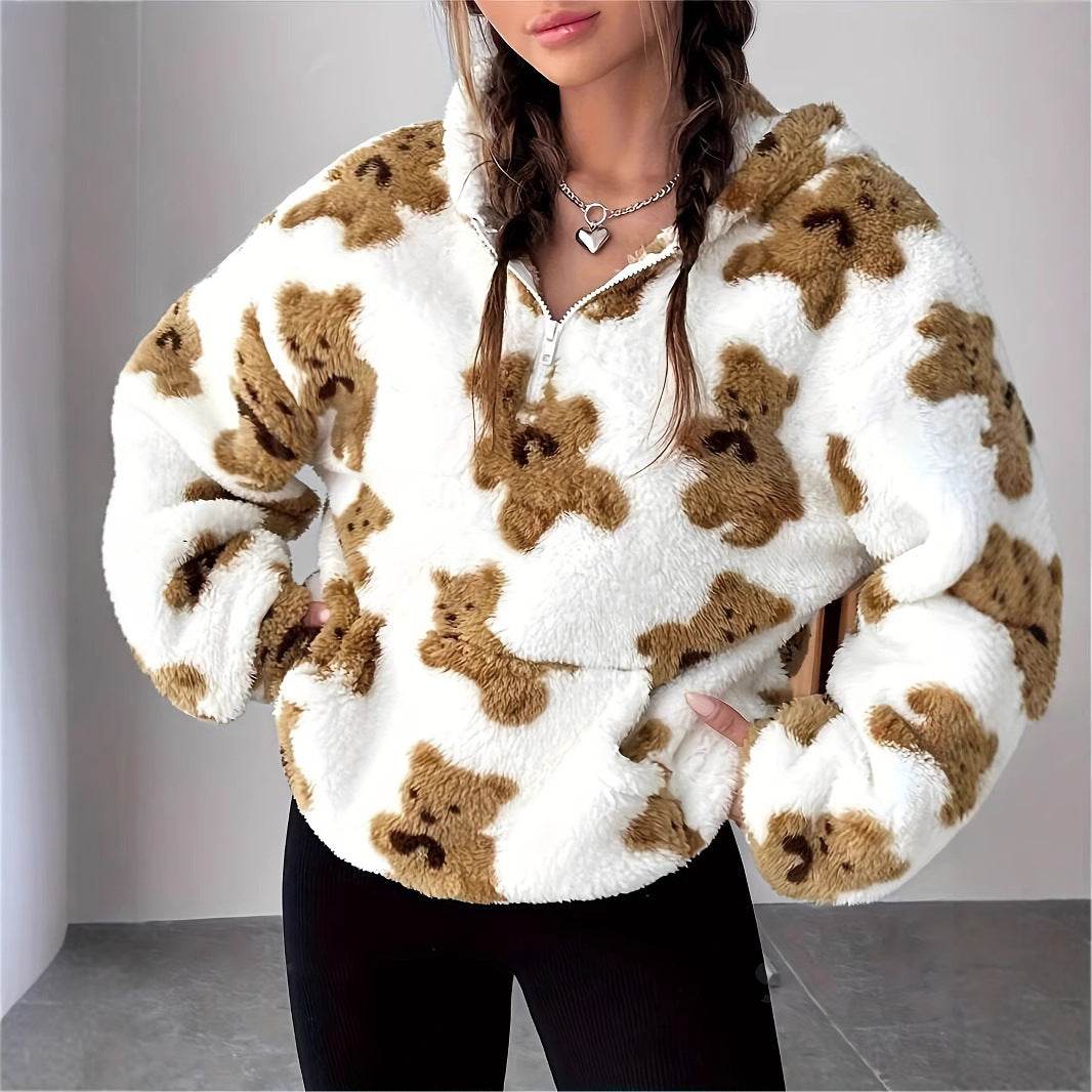 Buycenter Women's Casual Bear Printed Plush Hoodie - Loose Fit, White - Buy Center