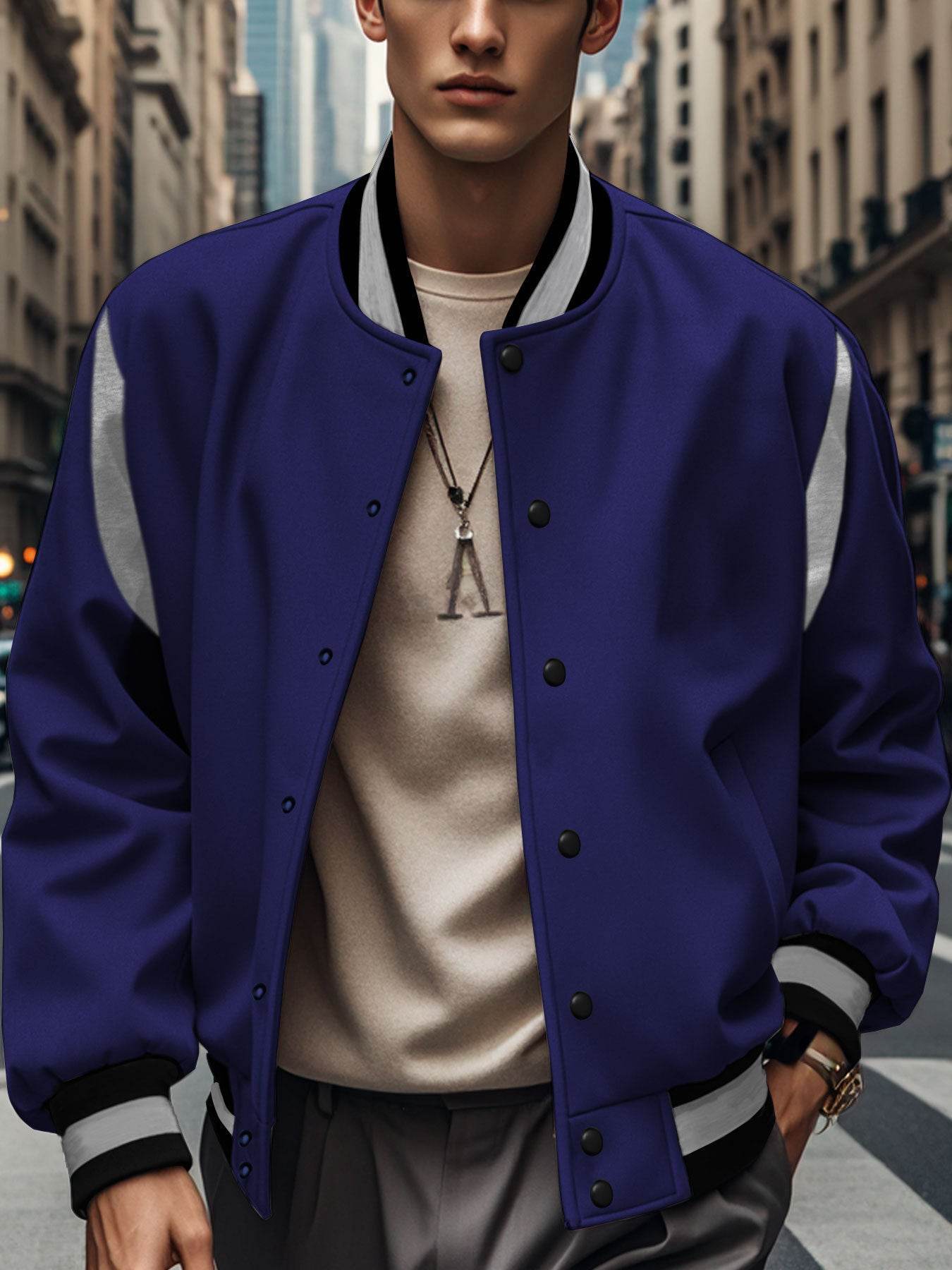 Buycenter Men’s Stitching Buckle Baseball Coat - Trendy Slim Fit Jacket - Buy Center