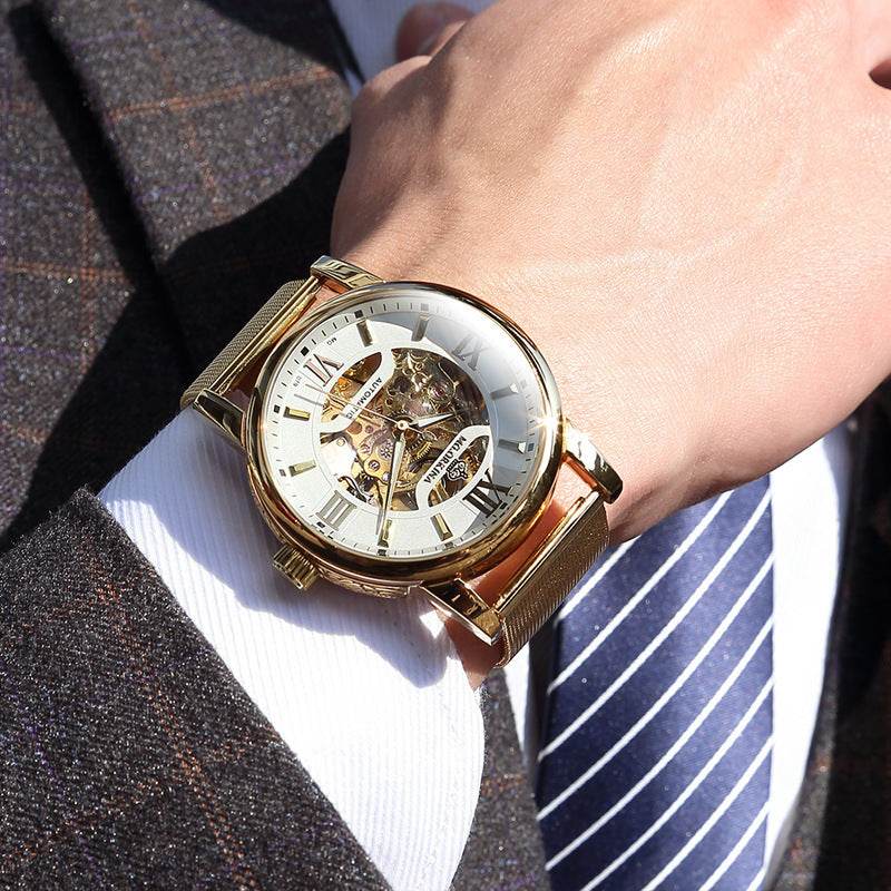 Automatic Mechanical Men's Watch - Luminous Display & Woven Mesh Belt - Buy Center