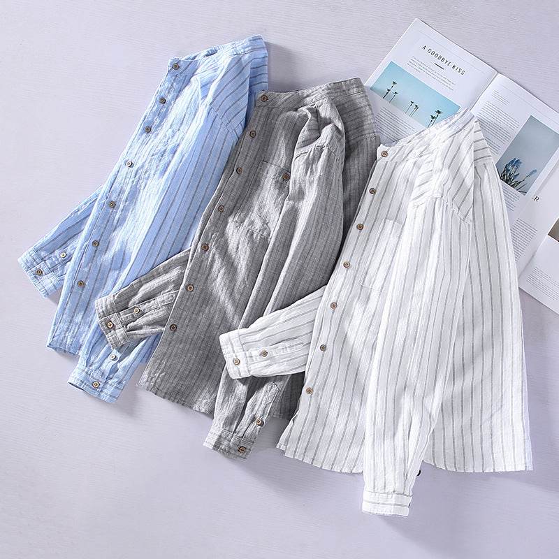 Striped Chinese Style Blouse - Elegant Stand Collar, Long Sleeve Cotton Linen - Buy Center