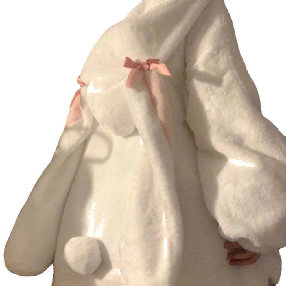 Cute Cashmere Hoodie Coat with Rabbit Ears - White, Stylish & Cozy - Buy Center