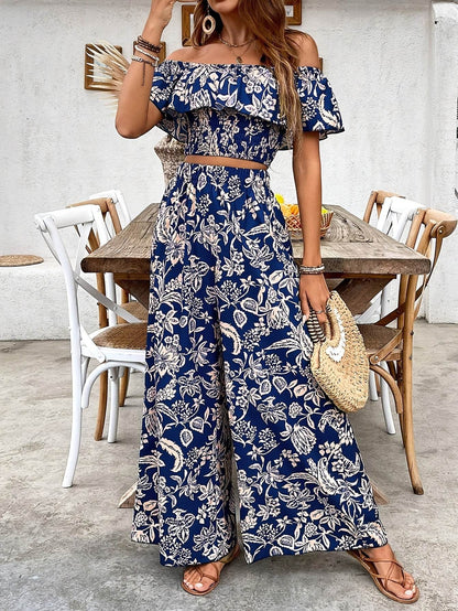 Women's Off-Shoulder Floral Crop Top & Wide-Leg Pants Set - Buy Center