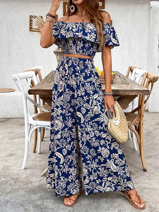 Women's Off-Shoulder Floral Crop Top & Wide-Leg Pants Set - Buy Center