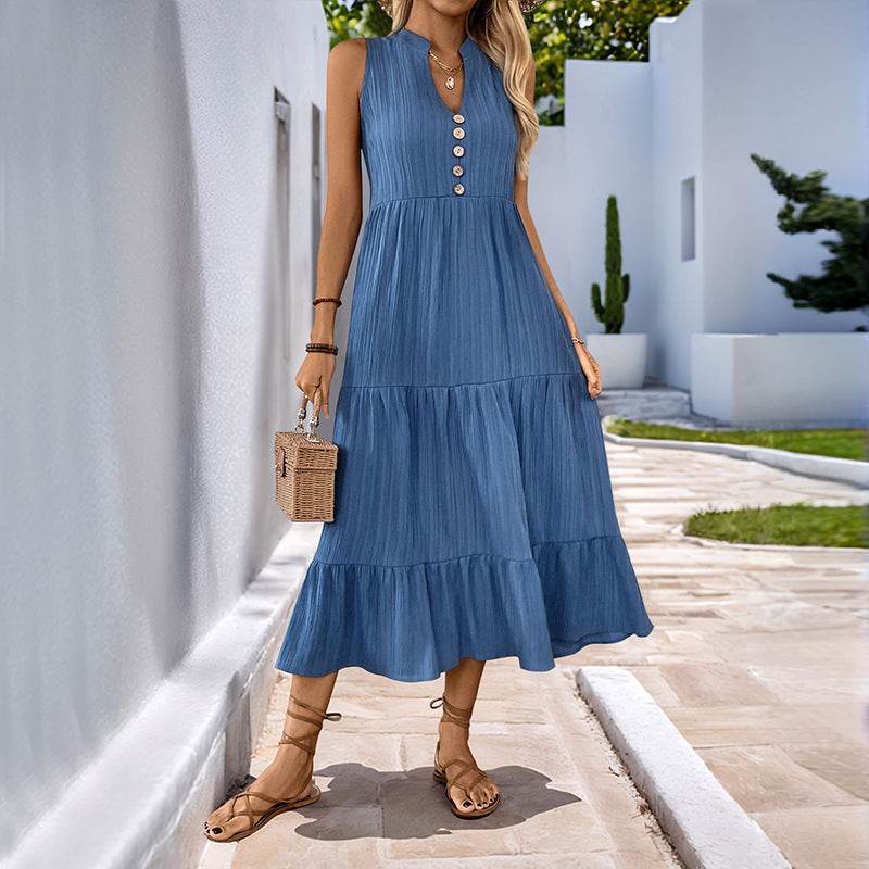 Buycenter Sleeveless Pleated Dress - Elegant A-Line in Solid Blue - Buy Center