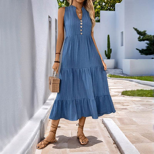 Buycenter Sleeveless Pleated Dress - Elegant A-Line in Solid Blue - Buy Center