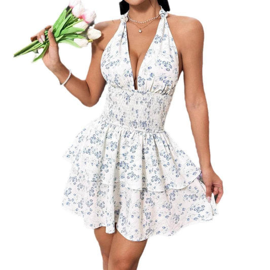 Buycenter Women's Floral Flounce Dress - Backless Halterneck Style - Buy Center