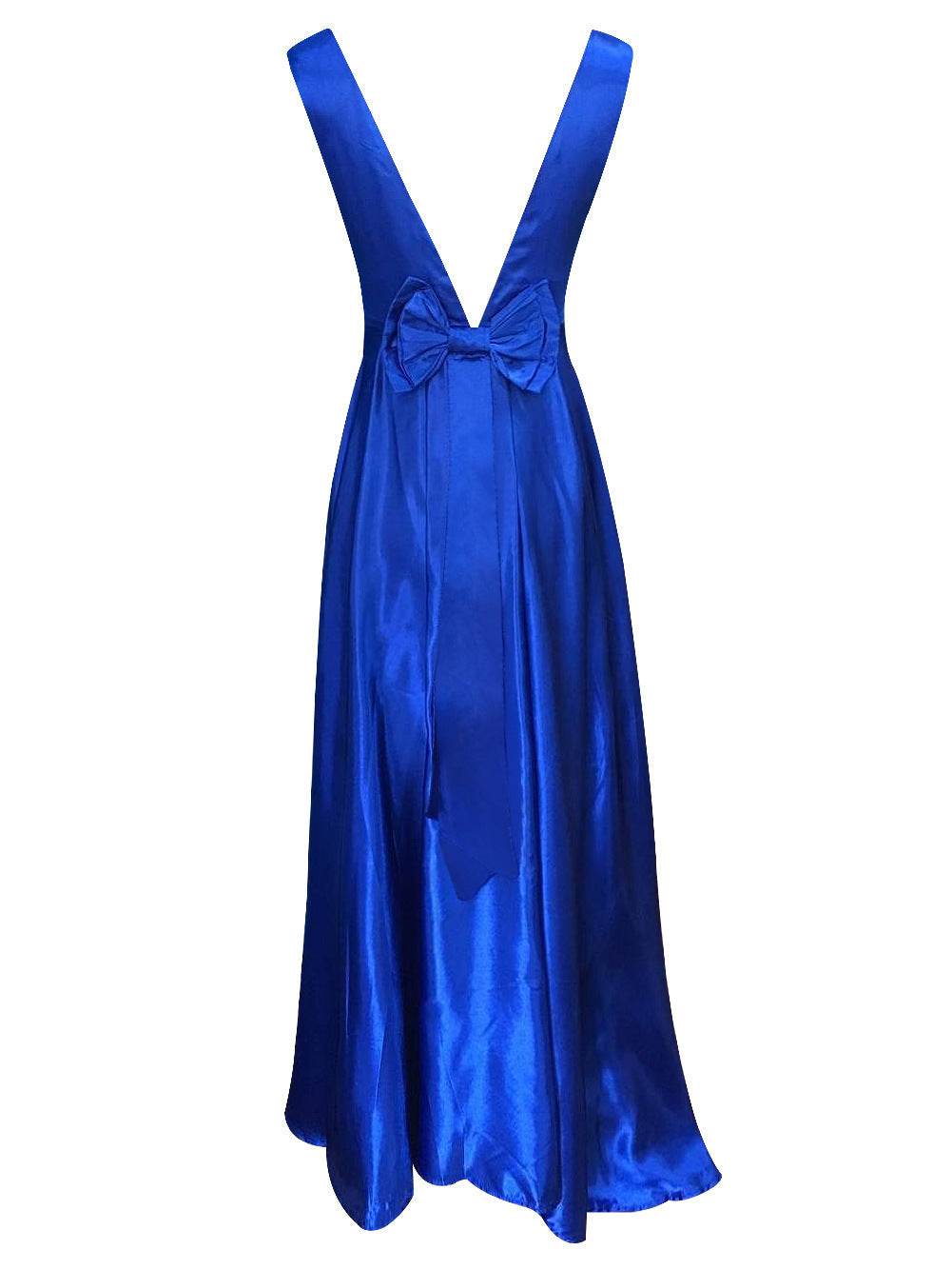 Deep V Neck Backless Satin Prom Dress - Elegant Bow Evening Gown - Buy Center
