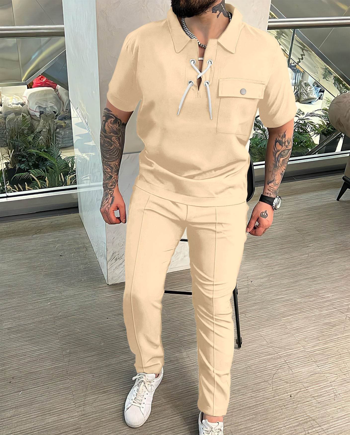 Buycenter Men's Casual Geometric T-shirt and Trousers Set - Short Sleeve - Buy Center