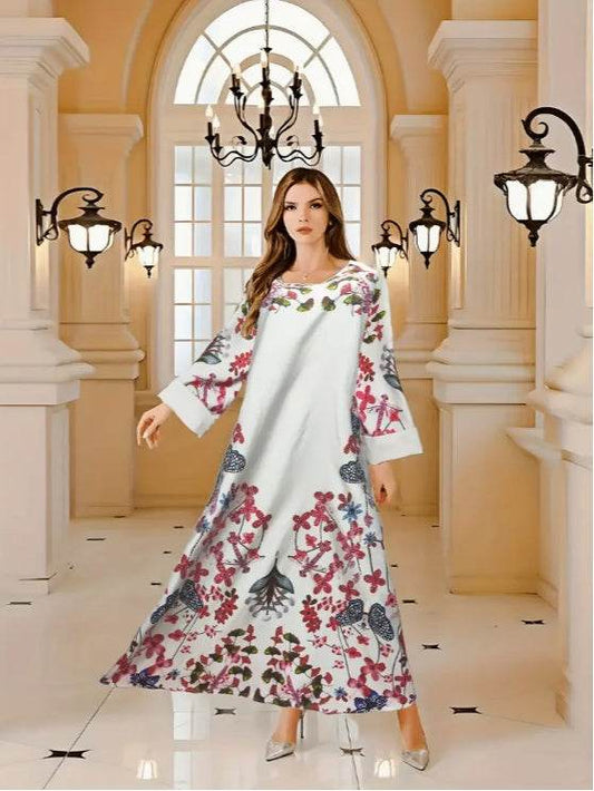 Buycenter Elegant Floral Abaya Dress - Long Sleeve, Micro Elastic Fit - Buy Center