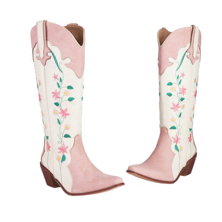 Plus Size Embroidered Knee-high Boots - Thick-Heeled Floral Design - Buy Center