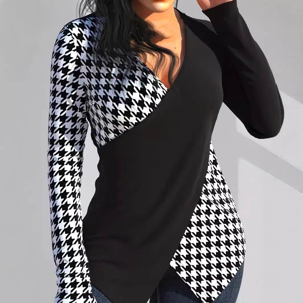 Women's Geometric V-Neck Long Sleeve T-shirt - Stylish Pullover Top 2025 - Buy Center