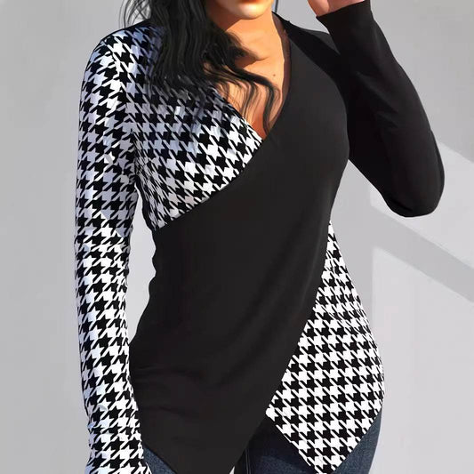 Women's Geometric V-Neck Long Sleeve T-shirt - Stylish Pullover Top 2025 - Buy Center