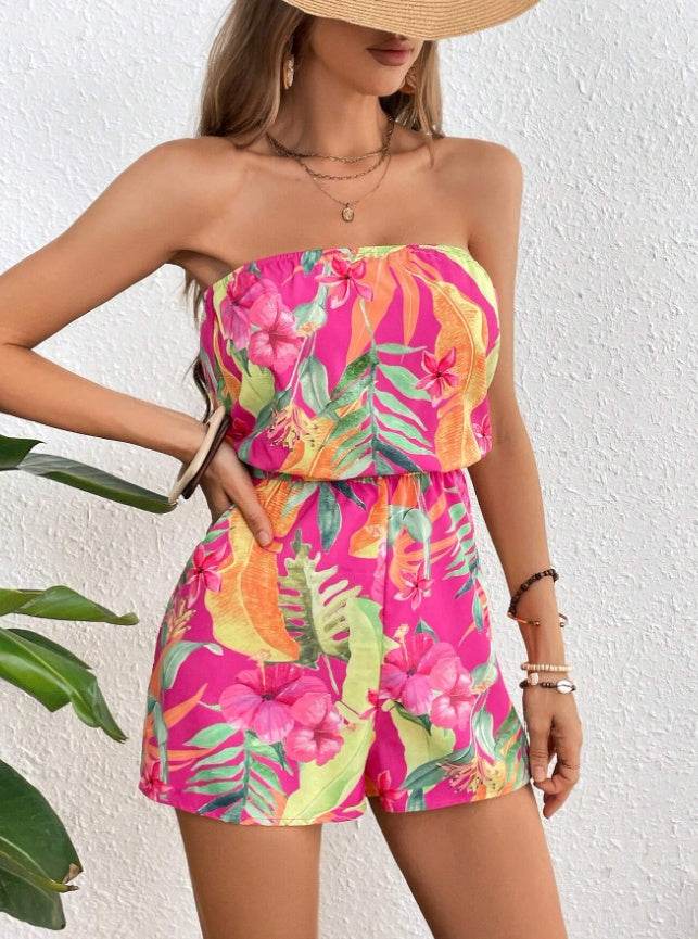 Buycenter Women's Strapless Romper - Colorful Floral Print for Vacation - Buy Center