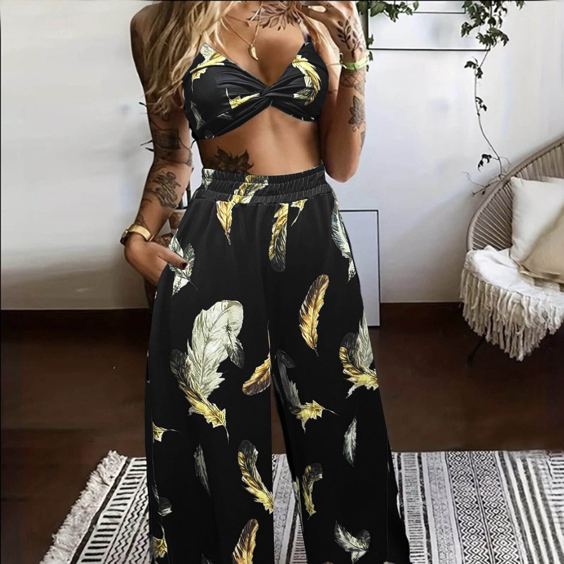 Buycenter Ladies' High Waist Drawstring Pants - Feather Flower Print Set - Buy Center