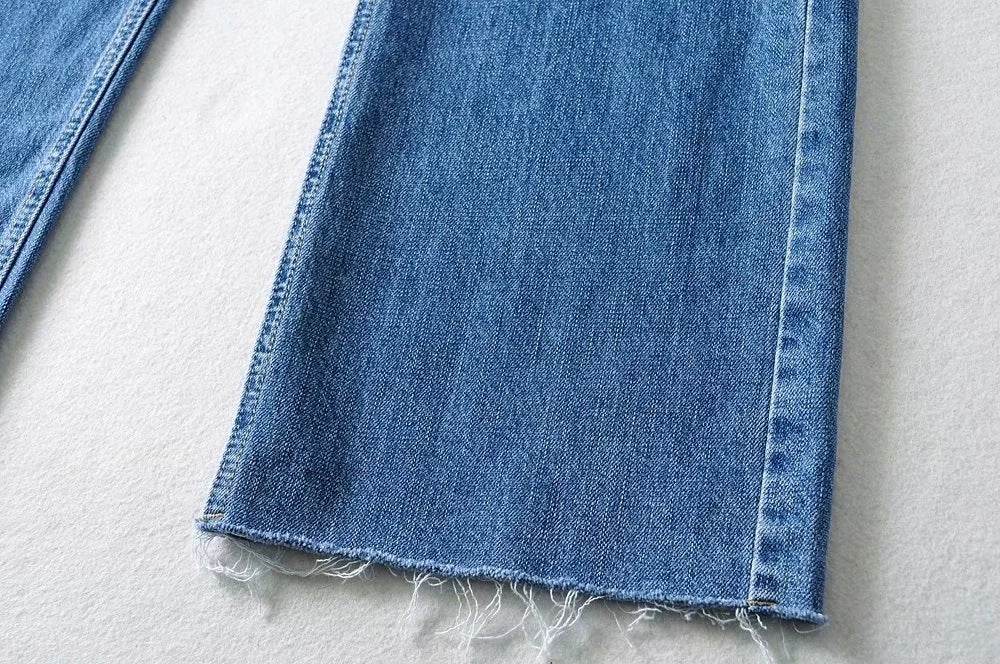 High Waist Light Blue Denim Straight Trousers with Holes - Street Style - Buy Center