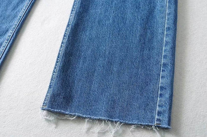 High Waist Light Blue Denim Straight Trousers with Holes - Street Style - Buy Center