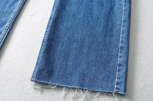 High Waist Light Blue Denim Straight Trousers with Holes - Street Style - Buy Center