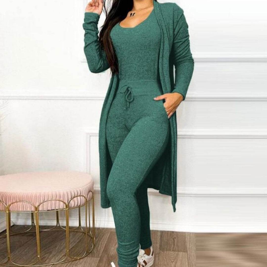 Buycenter Women's Casual Jumpsuit & Cardigan Set - High Waist & Pockets - Buy Center