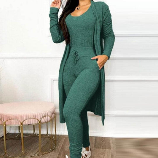 Buycenter Women's Casual Jumpsuit & Cardigan Set - High Waist & Pockets - Buy Center