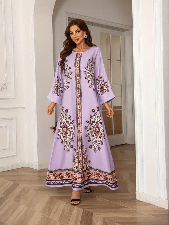 Elegant Floral Print Long Sleeve Abaya Dress - Buycenter Lady Fashion - Buy Center