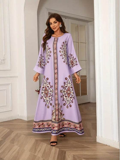 Elegant Floral Print Long Sleeve Abaya Dress - Buycenter Lady Fashion - Buy Center