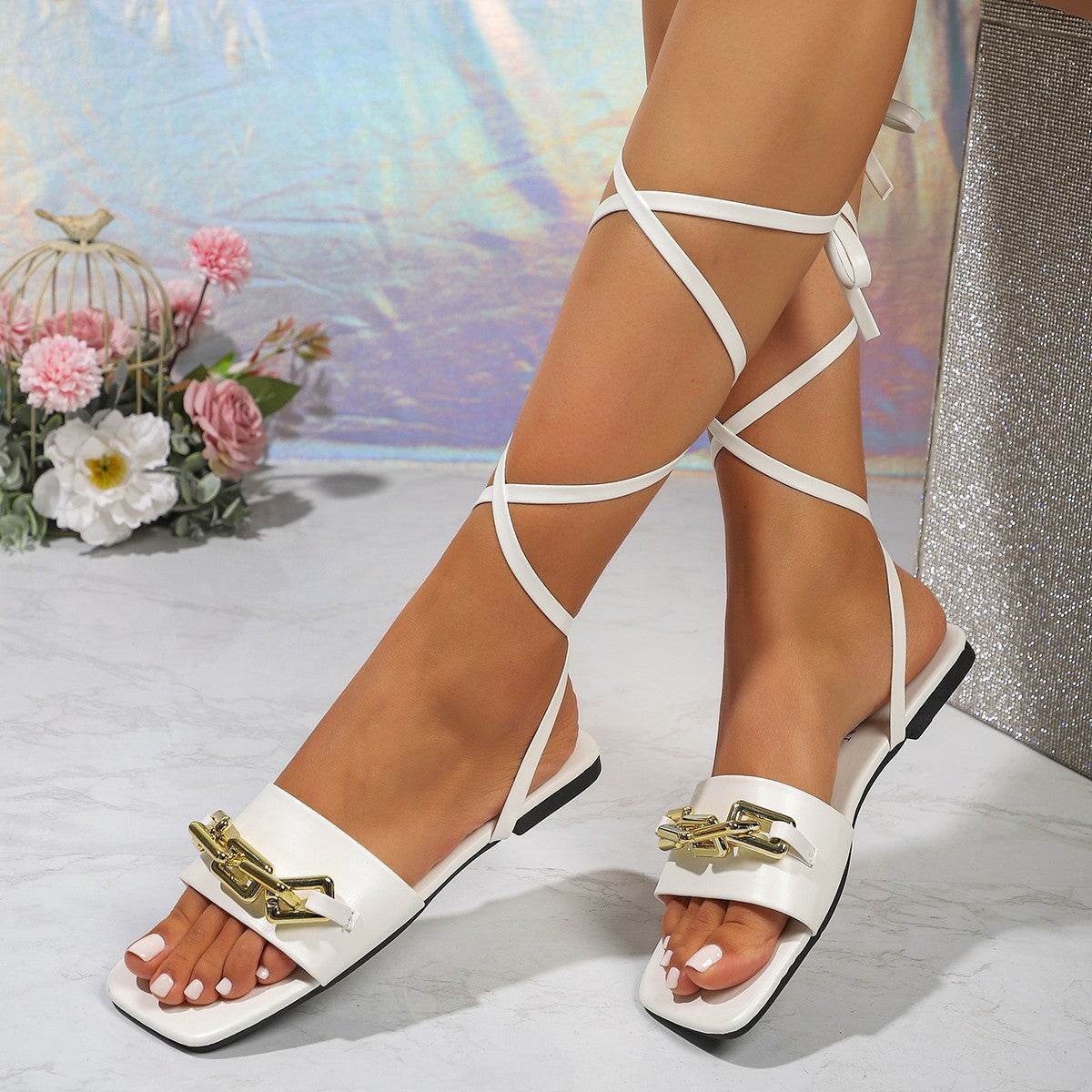 Buycenter Women's Lace-up Chain Sandals - Square-toe Flat Summer Shoes - Buy Center