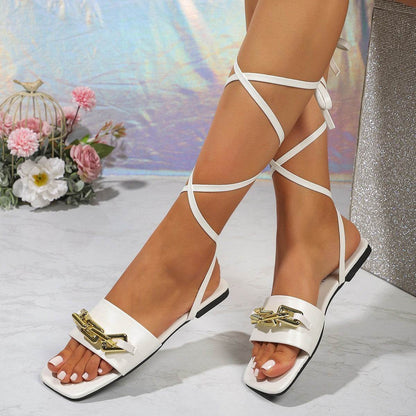 Buycenter Women's Lace-up Chain Sandals - Square-toe Flat Summer Shoes - Buy Center