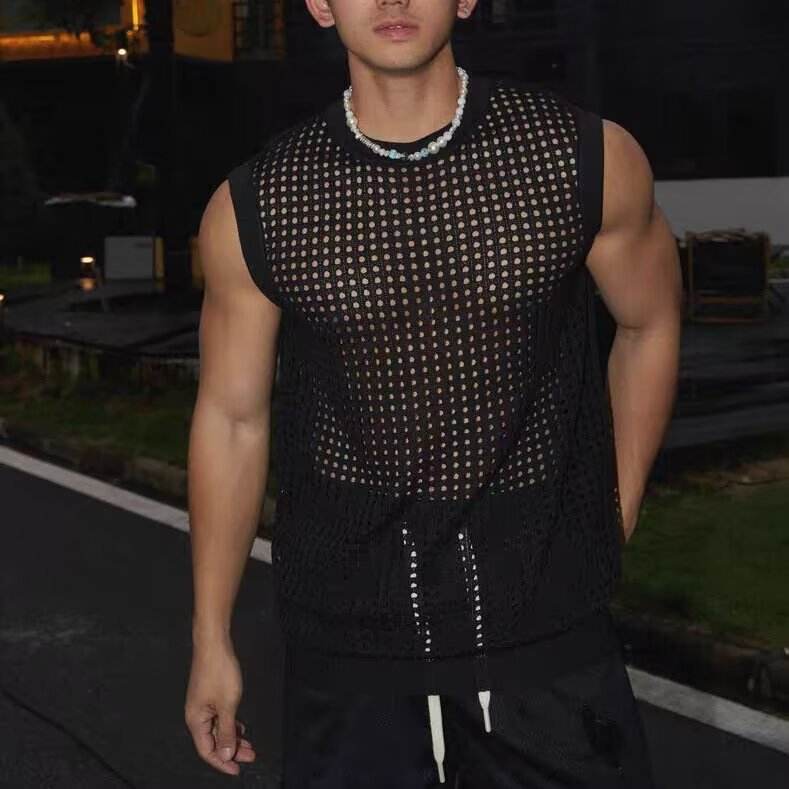 Korean Style Translucent Knitted Vest - Loose Fit, Silk Blend, Black & White - Buy Center