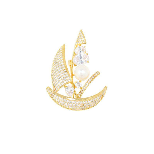Women's Sailboat Brooch - Elegant Micro Gold Inlaid Shell Pearls Accessory - Buy Center