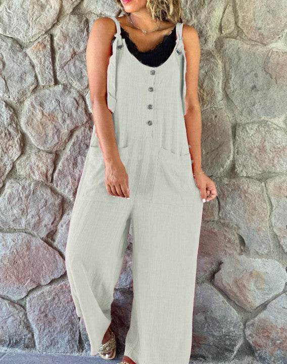 Women's Casual Button Suspender Pants - Chic Cotton-Linen Blend Style - Buy Center