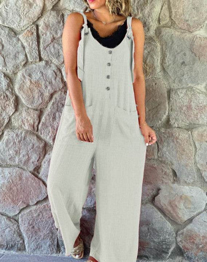 Women's Casual Button Suspender Pants - Chic Cotton-Linen Blend Style - Buy Center