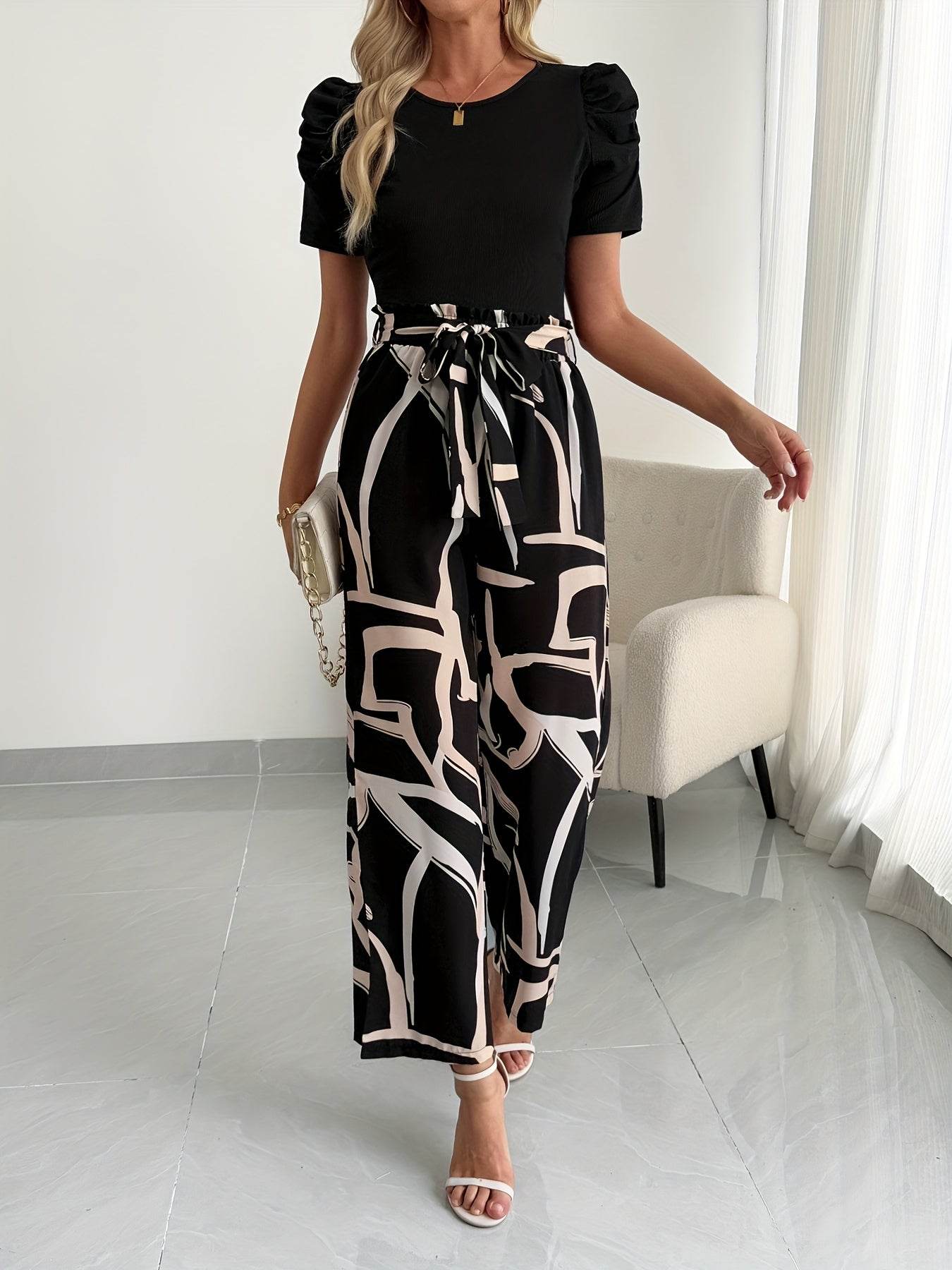 Elegant Women's Round Neck Fluffy Sleeve Top & Printed Pants Set - Buy Center