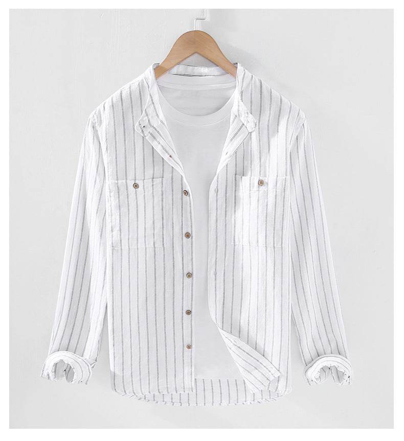 Striped Chinese Style Blouse - Elegant Stand Collar, Long Sleeve Cotton Linen - Buy Center
