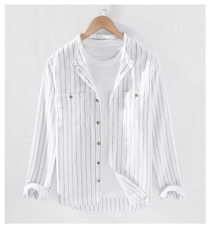 Striped Chinese Style Blouse - Elegant Stand Collar, Long Sleeve Cotton Linen - Buy Center
