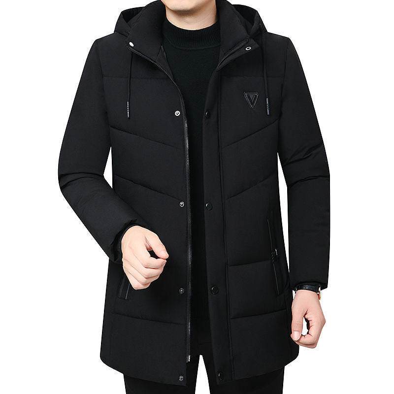 Thickened Men's Winter Coat - Stylish V-Neck Jacket in Black & Dark Blue - Buy Center