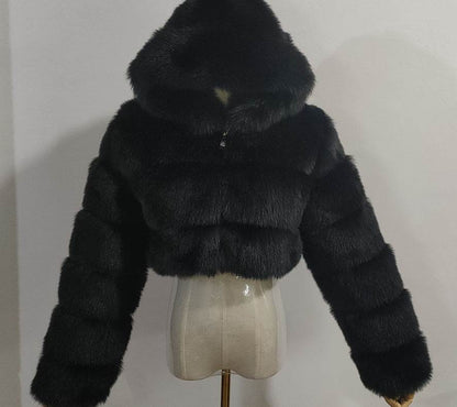 Trendy Short Hood Fox Fur Women's Coat - Stylish Faux Fur & Leather - Buy Center