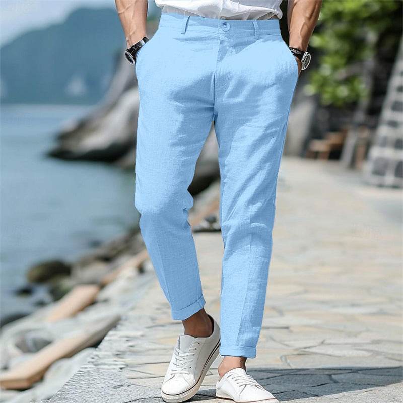 Men's Linen Summer Trousers - Mid Waist, Slant Pockets, Straight-Leg - Buy Center