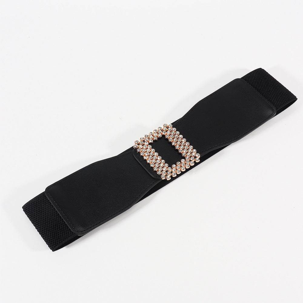 Women's Black Rhinestone Square Buckle Belt - Versatile Elastic Waistband - Buy Center