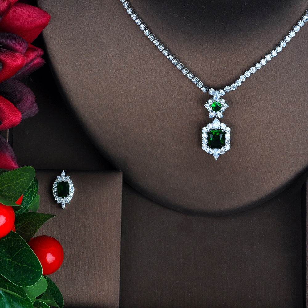 Elegant Dark Green Pendant Necklace & Earrings Set - Fine Jewelry 2025 - Buy Center