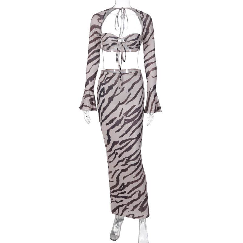 Buycenter 3D Zebra Striped Long-Sleeved Top & Slim Skirt Suit - Buy Center