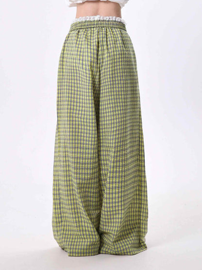 Women's Casual Wide Leg Pants - Lace Stitching Plaid Design in Blue & Yellow - Buy Center