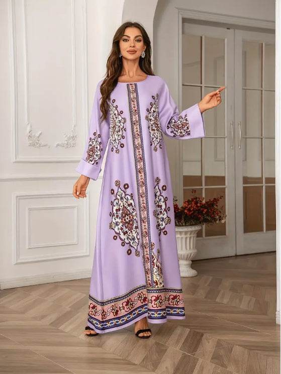Elegant Floral Print Long Sleeve Abaya Dress - Buycenter Lady Fashion - Buy Center