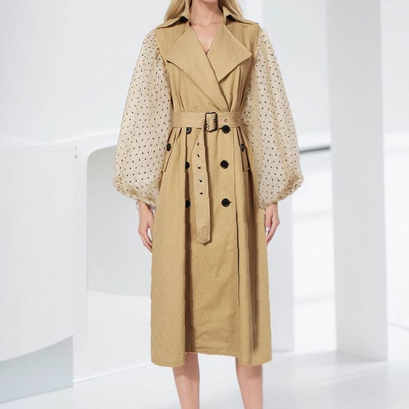 Buycenter Women's Mid-Length Trench Coat - Casual Cotton Dots Design - Buy Center