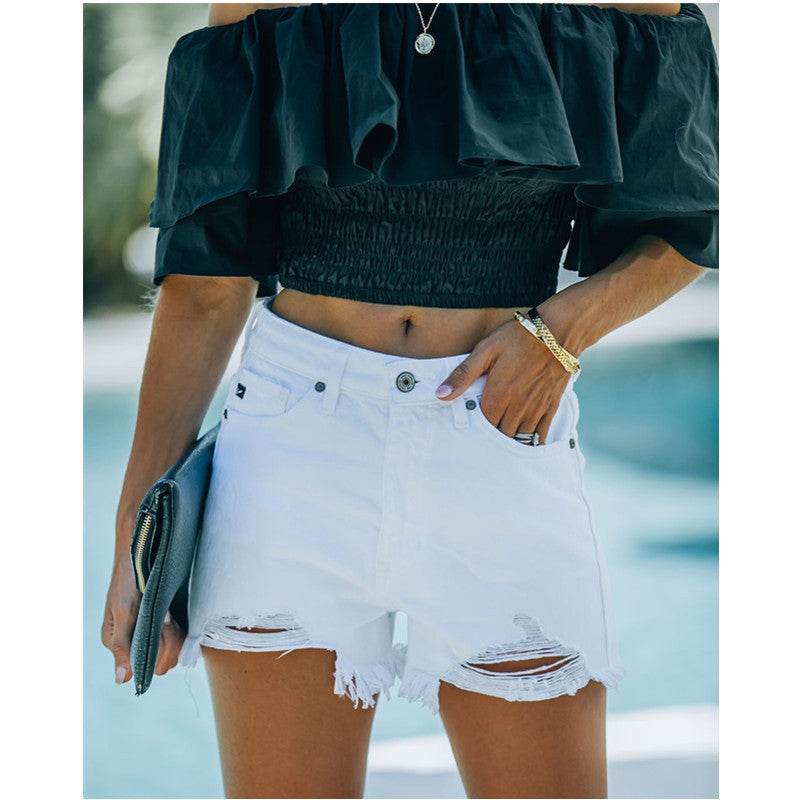 Buycenter Women's High Waist White Denim Shorts - Raw Edge Style - Buy Center