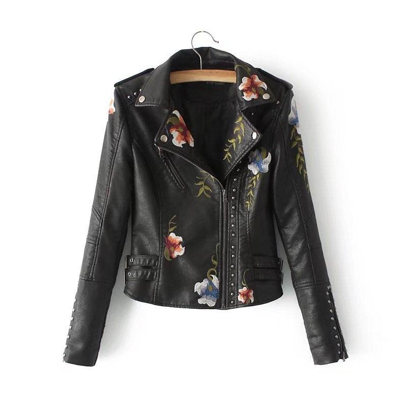 Buycenter Fashion Rivet Flower Embroidered PU Leather Jacket - Stylish & Trendy - Buy Center