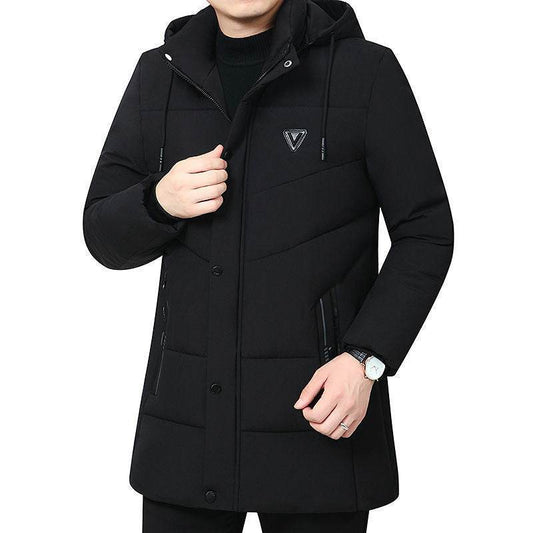 Thickened Men's Winter Coat - Stylish V-Neck Jacket in Black & Dark Blue - Buy Center